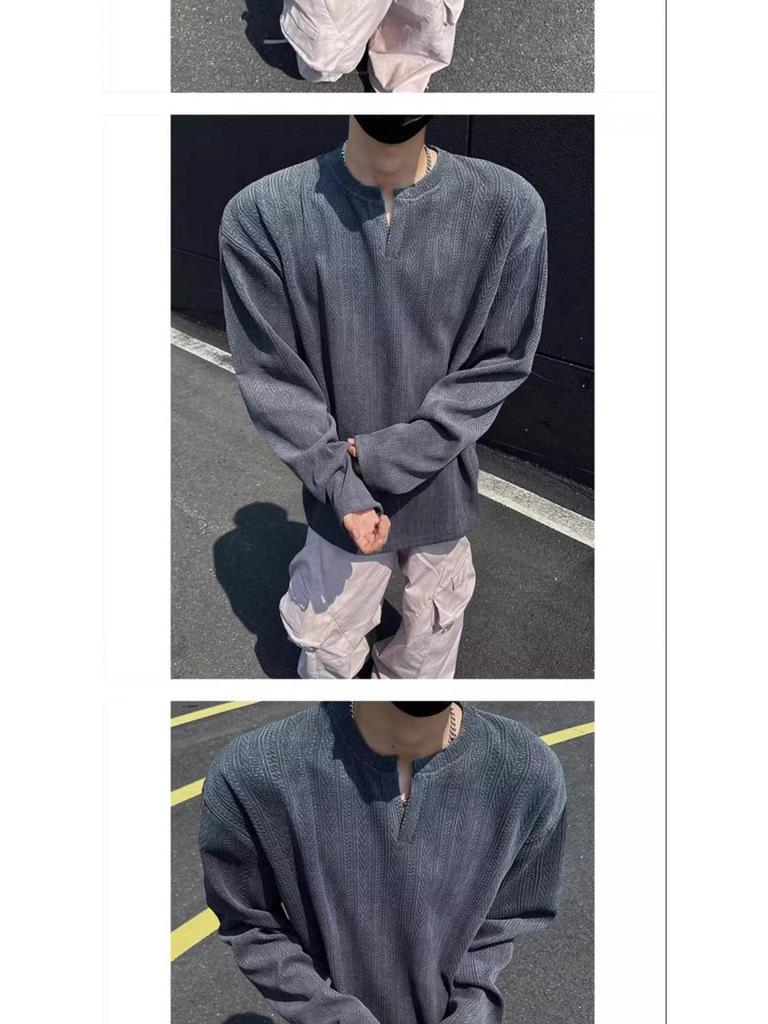 Men's American Trendy V-Neck Jacquard Sweatshirt: Loose Fit, Long-Sleeve, Casual High Street Style T-Shirt for Autumn.