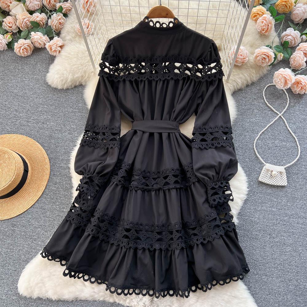 Jarní Vintage Krajka Vyhloubené Dlouhé Lucernové Rukávy Šaty s jedním nádechem Ležérní Dámské Podzimní šaty A-Line