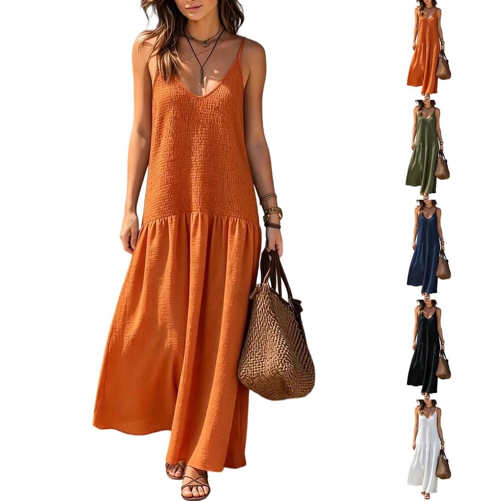 Bohemian Style Backless Ruched Maxi Sundress for Women Vacation Long Casual Dresses for Women Flowy Sleeveless Dresses for Women