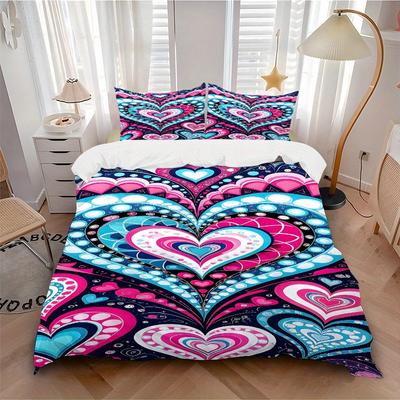 3Pcs Heart-patterned Fabric Printed Bedding Set, Breathable And Soft,(Includes 1 Duvet Cover And 2 Pillowcases, Quilt Not Included) Yy250815166