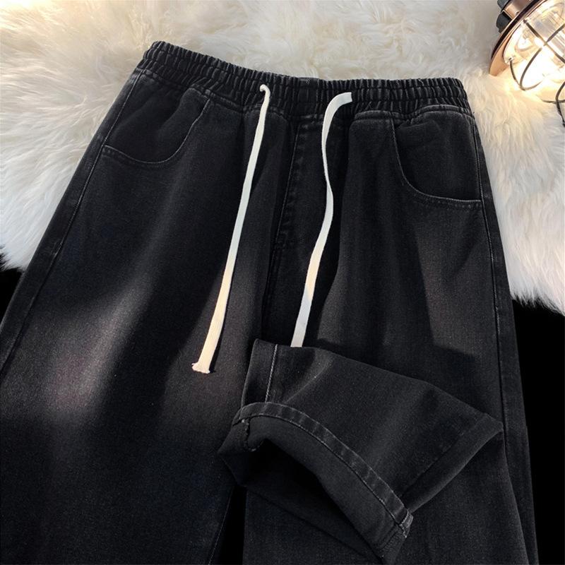 Kış Kalınlaştırılmış Kot Pantolon Geniş Paça Kot Pantolon Erkek Düz Elastik Bel Kadife Yüksek Sokak Vintage Genç Günlük Kot Pantolon