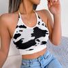 Women Spring Summer Leisure Halter Cow Pattern Waist Strap Top Open Navel Knit Tank