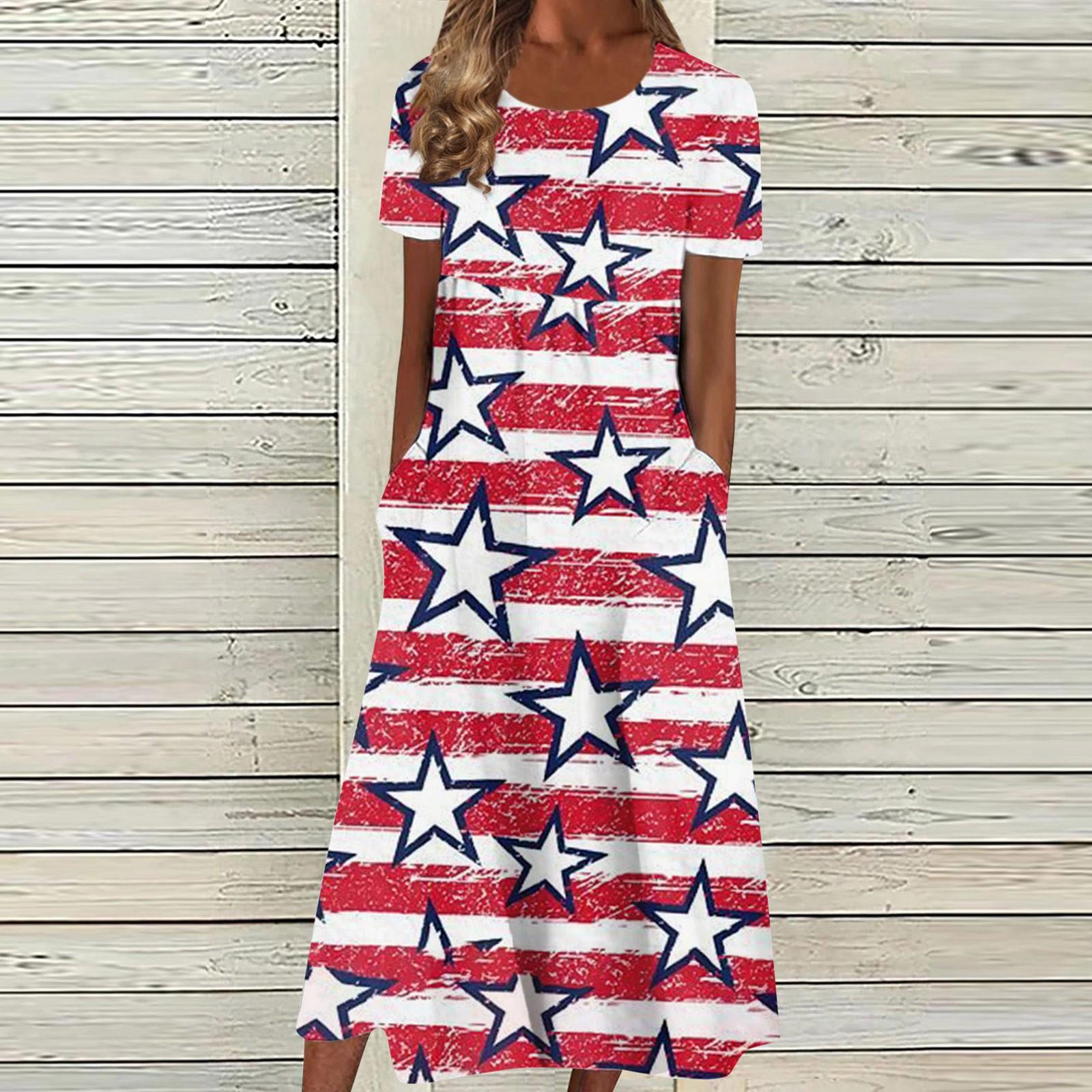 

Женское летнее повседневное модное платье с коротким рукавом и карманом на День независимости с коротким рукавом M