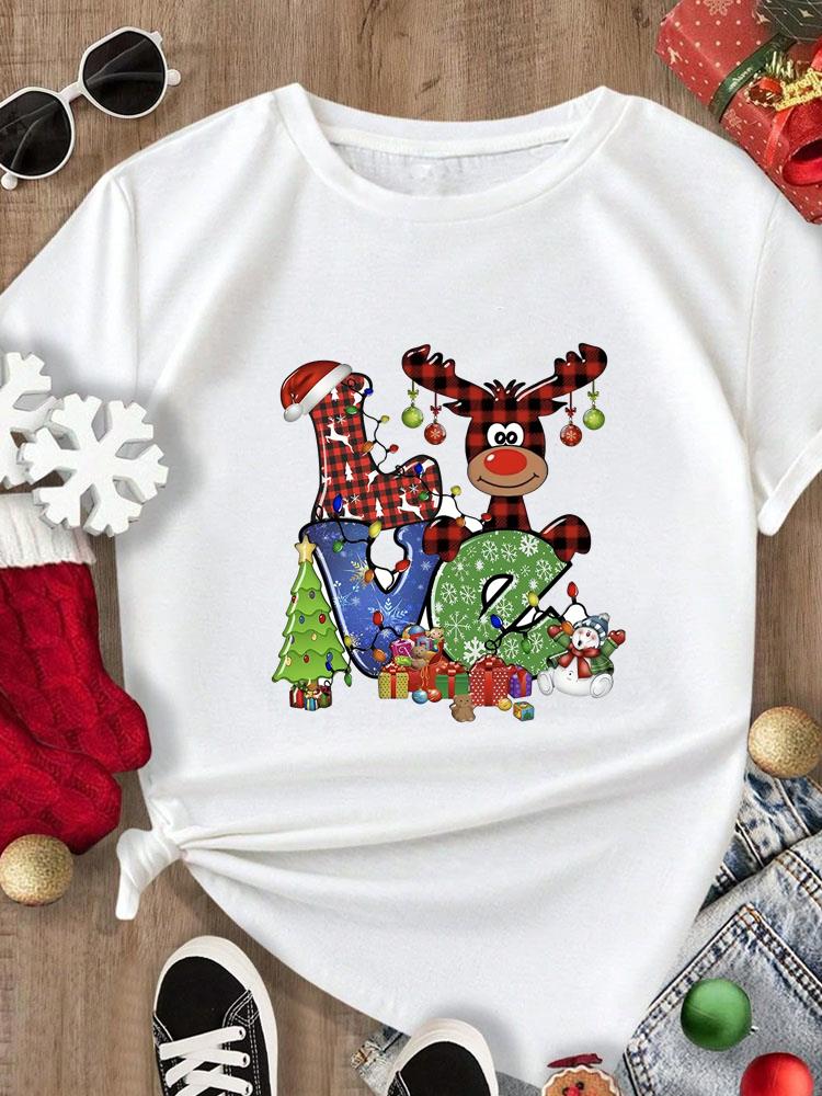 (Asian Size) Tee Merry Christmas New Year Holiday Top festival Casual Women cartoon trend cute Print Lady Short Sleeve Fashion Graphic T-shirts