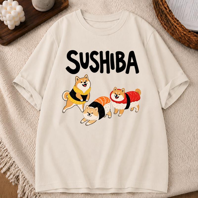 New Summer Sushi Dog Tshirt Retro Unisex And Unisex Couples Short Sleeve Loose Tshirt Funny Cartoon Dog Sushi Lover Cute Tshirt
