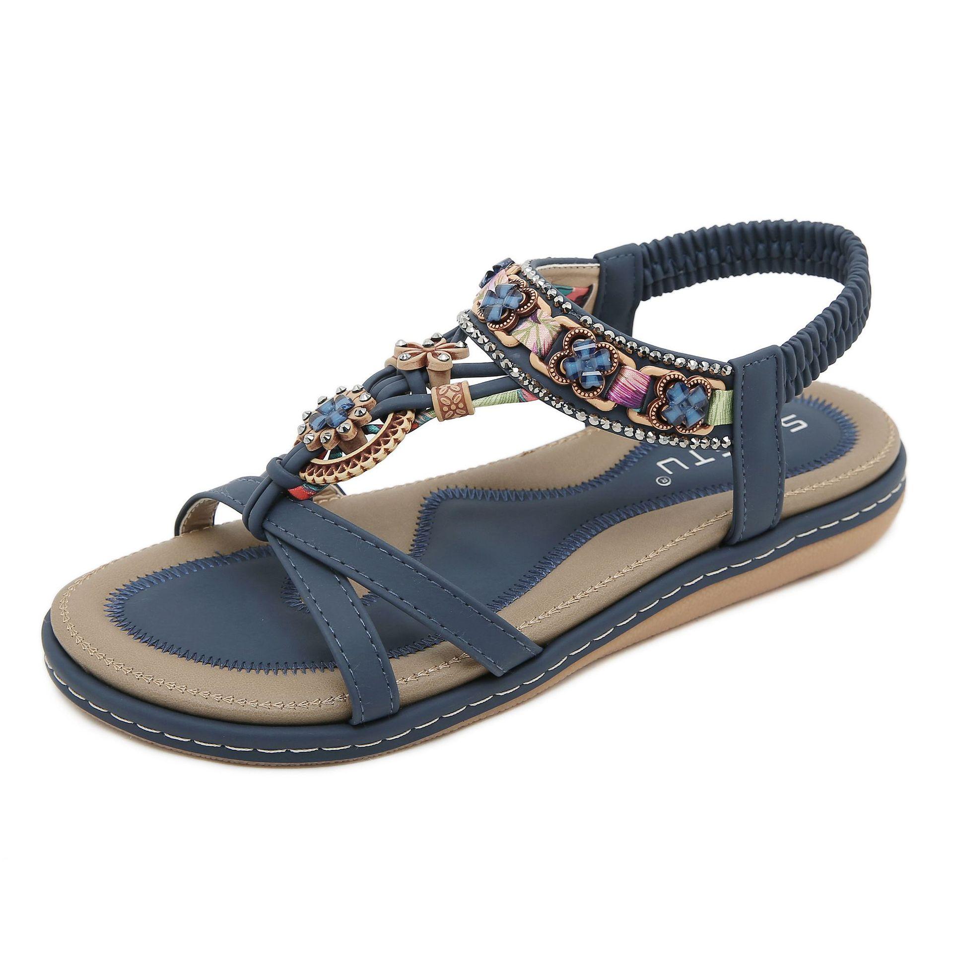 

New rhinestone flower casual fashion versatile flat sandals women s beach 42