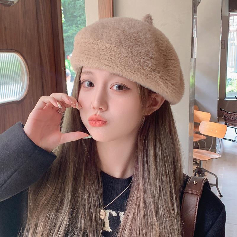 Autumn and Winter New Hat Women's Imitation Mink Beret Winter Warm Painter Hat Literary Retro Pumpkin Hat Tide
