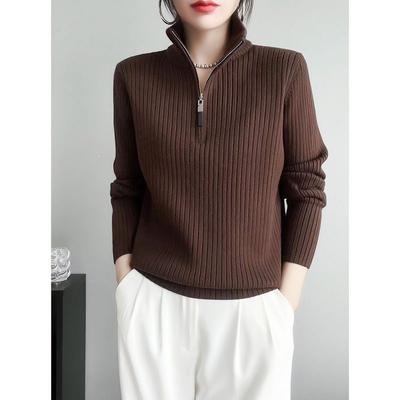 Autunno Inverno Pullover Monocolore Cerniera Manica Lunga Maglione Lavorato a Maglia Elegante Abbigliamento da Donna Colletto Mezzo Aperto Top Versatili