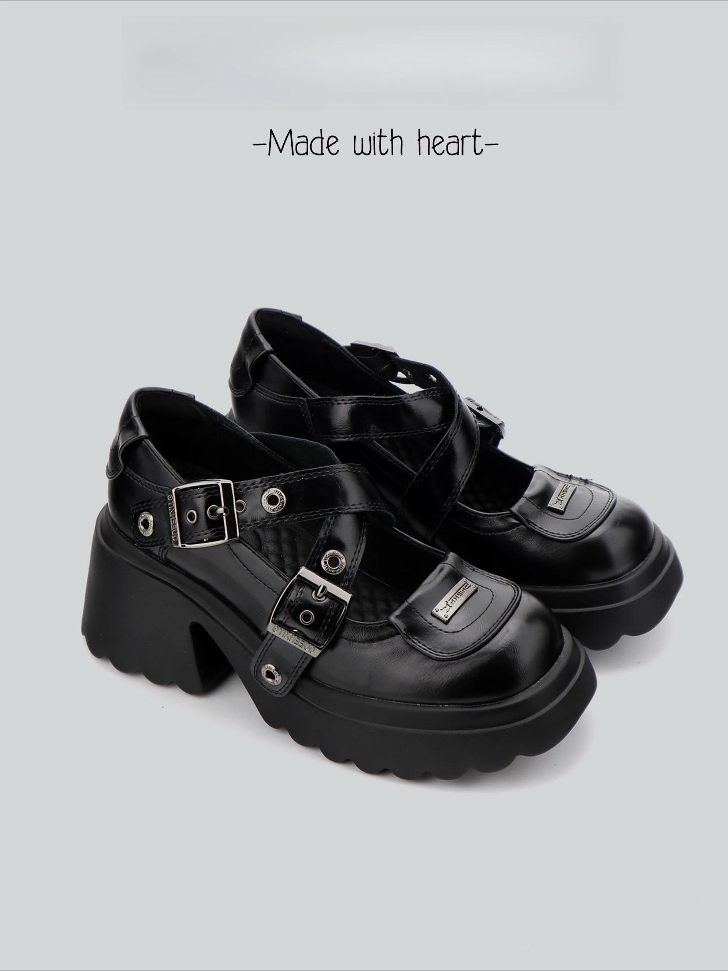 

New Round Toe Blet Buckle Women Pumps Square Heels Fashiom Height Increasing Punk Solid Buckle Strap Spring Women Shoes 35