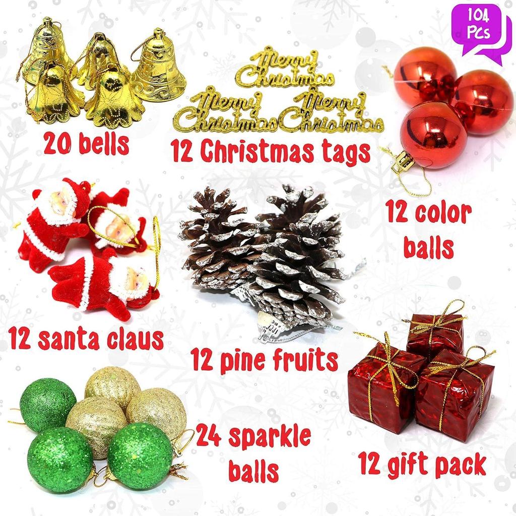 Christmas Decorations with Bells Candy Sticks Stars Gift Boxes and Santa Ornaments Christmas Tree Decoration Items - (104 Pcs) Multicolor