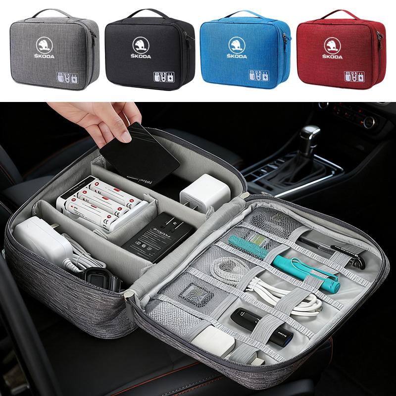 Cvpgm3 Car Logo Travel Cable Digital Electronic Storage Bag For Skoda Octavia MK2 MK 2 3 A5 A7 A8 Fabia Karoq Superb Rapid Kamiq Scala
