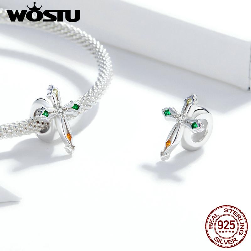 WOSTU 100% Real 925 Silver Cross Charm Zircon Bead Crosses Pendant Fit Original Bracelet DIY Necklace Religion Jewelry