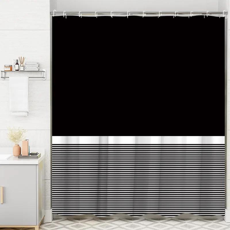 Moderní geometrická sprchová závěs s pruhovanými křivkami Černobílé čtverce Minimalistická neutrální dekorace do koupelny