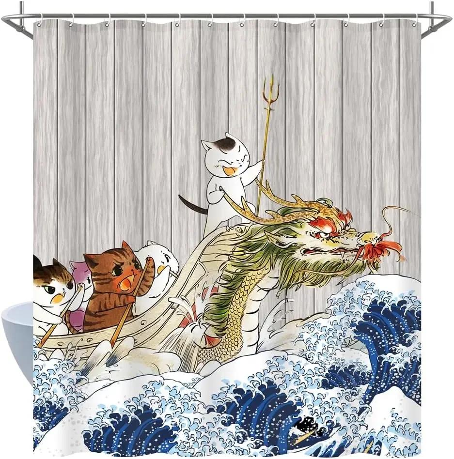Funny Cat Shower Curtain, Dinosaur Cat Dog Animal Shark Funny Ocean Coral Goldfish Bathtub Bubbles Kids Cartoon Bathroom Decor