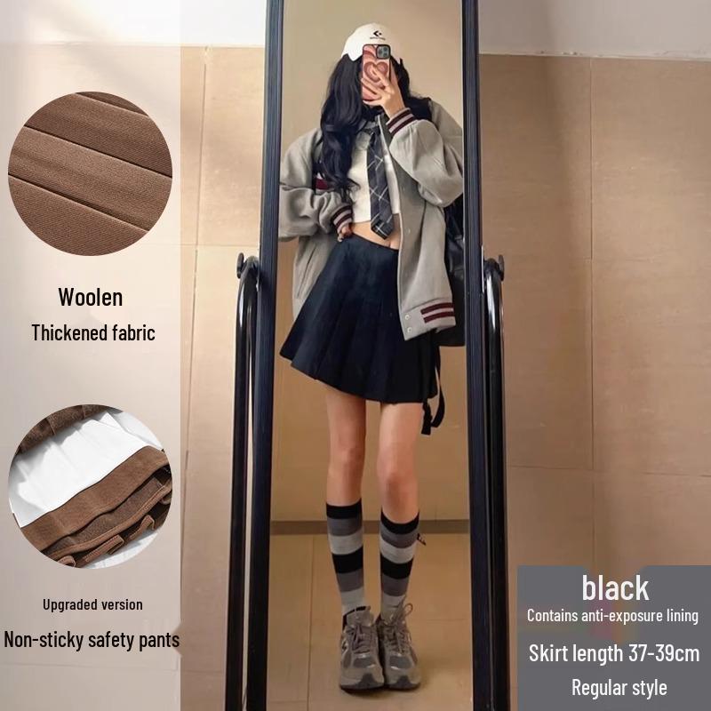 Women's High Waist Dark Gray Wool Plaid Pleated Skirt - Slimming Spring/Autumn 2026 Collection, JK Short Skirt