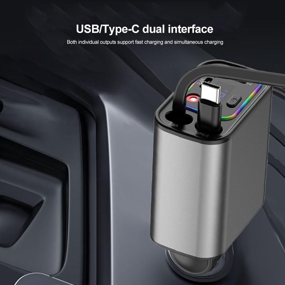 4IN1 Retractable Car Charger with Starlight Type-C Car Charger Adapter Car Phone Charger with Star Light For IOS Android Phones