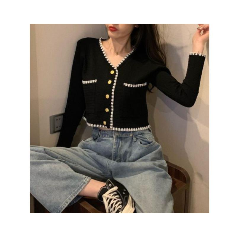 Xiaoxiang Style Collar Long-sleeved Knitted Cardigan Women's New Korean Style Loose Foreign Style Versatile Thin Jacket