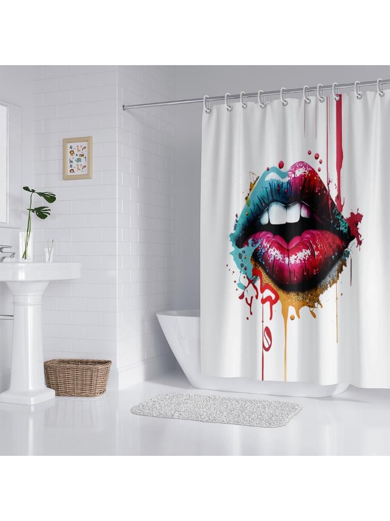 1Pc Quirky Lip Print Waterproof Shower Curtain Shower Partition Bathroom Privacy Protection With 12 Hooks Easy To Install