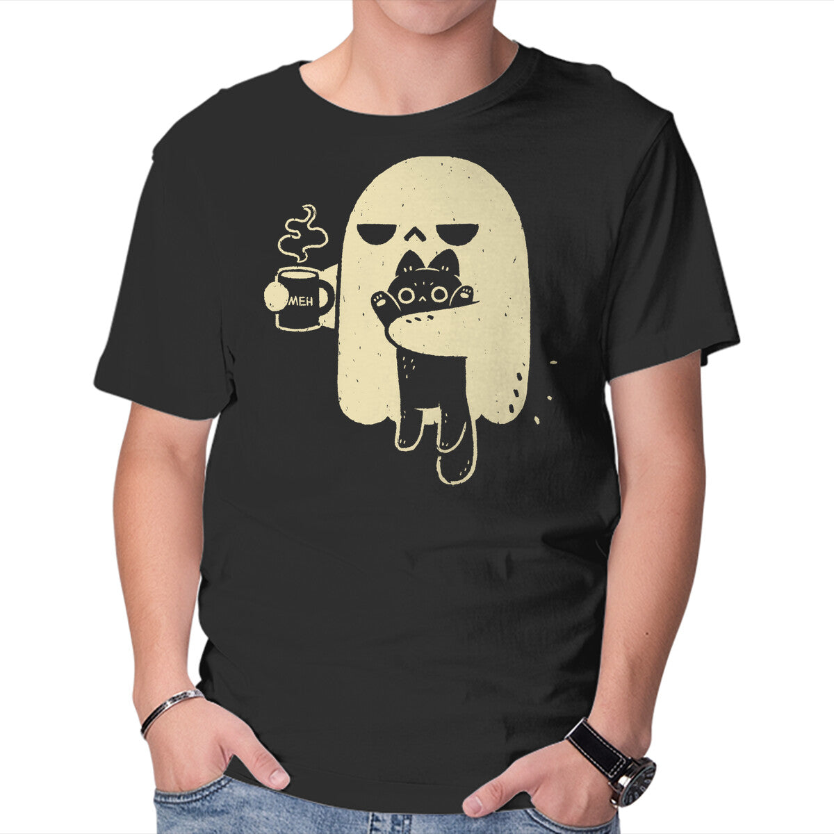 Unisex Crew Neck T-Shirt Cute Ghost Holding Cat Graphic Short Sleeve Casual Tee XS