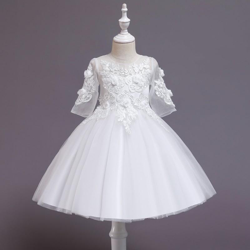 Girls Party Dress Short Sleeve Lace Trim Princess Gown Kids 3-8 Years