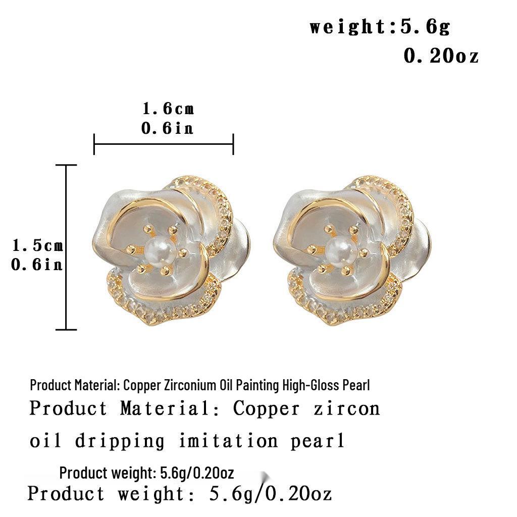 

925 Silver Zircon Pearl Drip Glaze Rose Stud Earrings - Luxurious, Elegant, Niche Design for Women