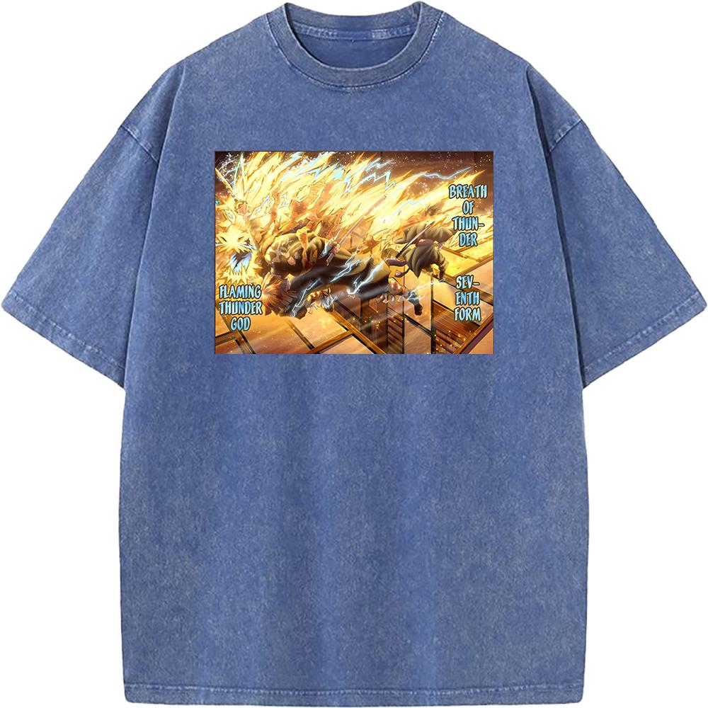 Hot Anime Demon Slayer Agatsuma Zenitsu Kaigaku Print T-shirt Men Retro Washed Tshirts Casual Cotton T Shirt Harajuku Male Tops