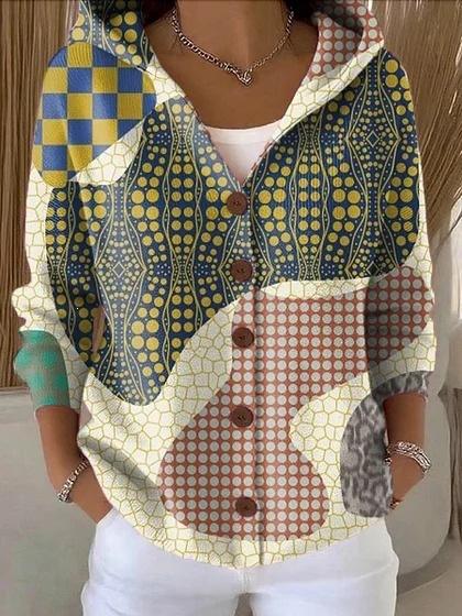 New V-neck button long-sleeved hooded sweater autumn and winter Christmas fashion personalized coat women