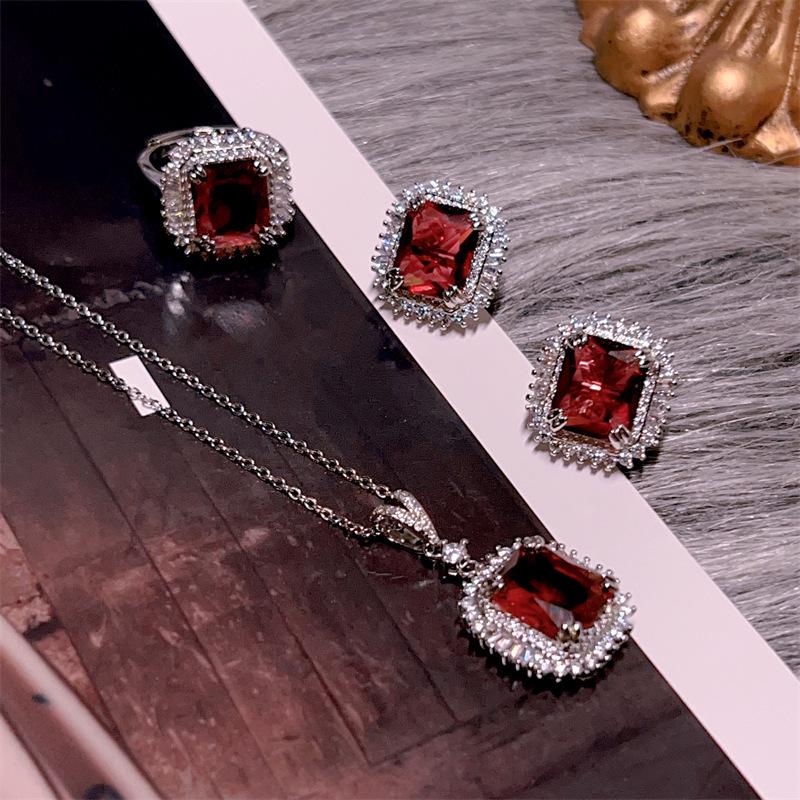 Retro-Inspired Ruby & Zircon Three-Piece Set: Earrings, Necklace, & Ring for Women
