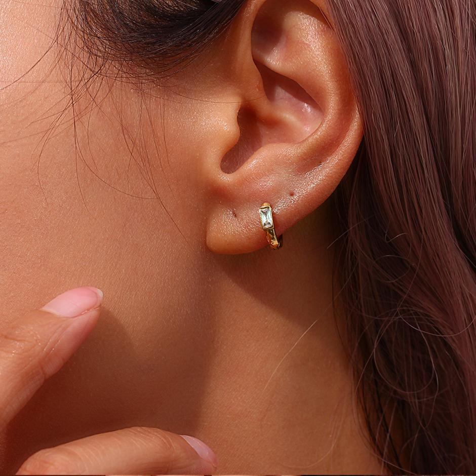 E.B.belle Dainty Cute Girl's Mini Size Hoop Earrings Square Shape 3A Zircon Stone Gold PLated Stainless Steel Huggies Earring