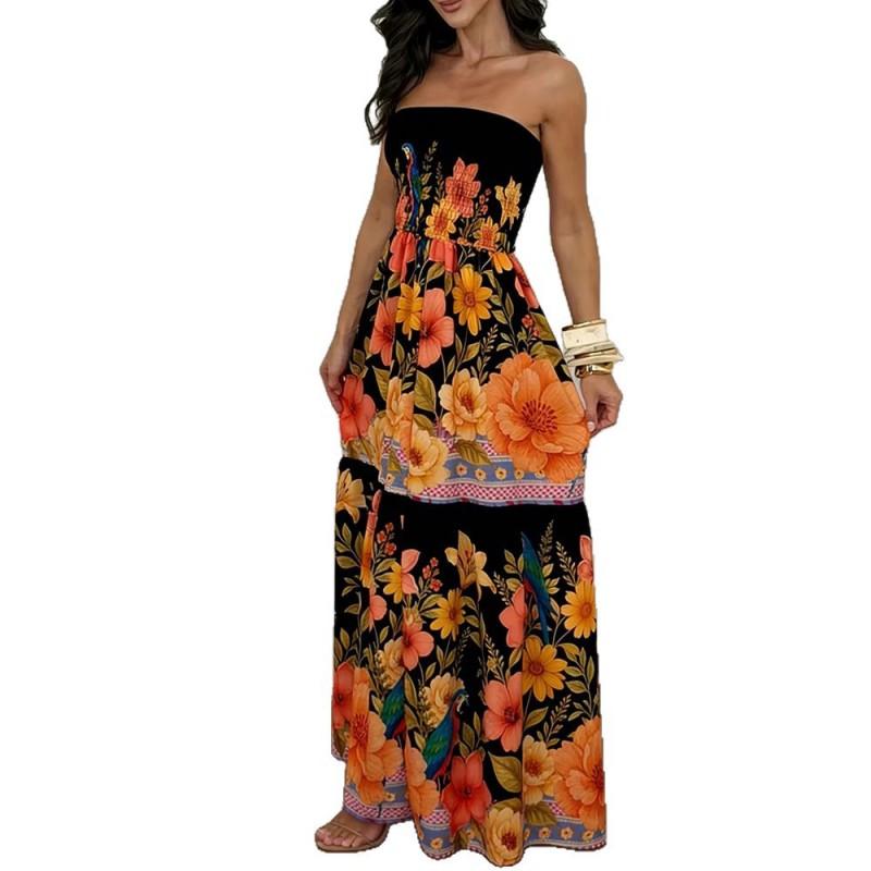 2026 Womens Printed One-Shoulder Wrap Dress A-Line Long Casual Streetwear