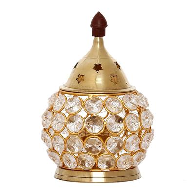 Akhand Diya Lamp, Gold Brass and Crystal Akhand Diya,