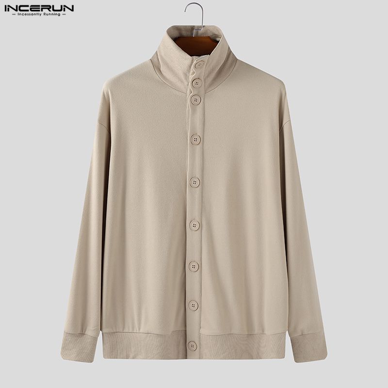INCERUN Oversized Men High Neck Long Sleeve Buttons Casual Cardigans Tops