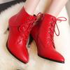 Red Short Boots Shoes Autumn Spring Women's Ankle Boot Black Point Toe Lace-up High Heels Party Dance Shoes Ladies Large Size