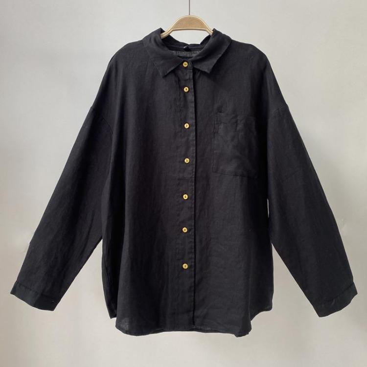 

Spring Casual Linen Shirt Women Solid Black Turn Down Collar Loose Button Blouse Simple Female Tops One Size чёрный