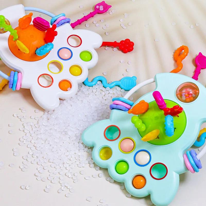 Baby Flying Saucer Rocket Pull String Teether Toys Montessori Sensory Educational Finger Grasp Training Early Cute Learning Toys