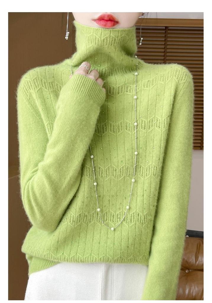 Women's Pure Wool Rhinestone Embellished Knit Top, Stacked Collar, Long Sleeve, Hollow Design for Autumn/Winter