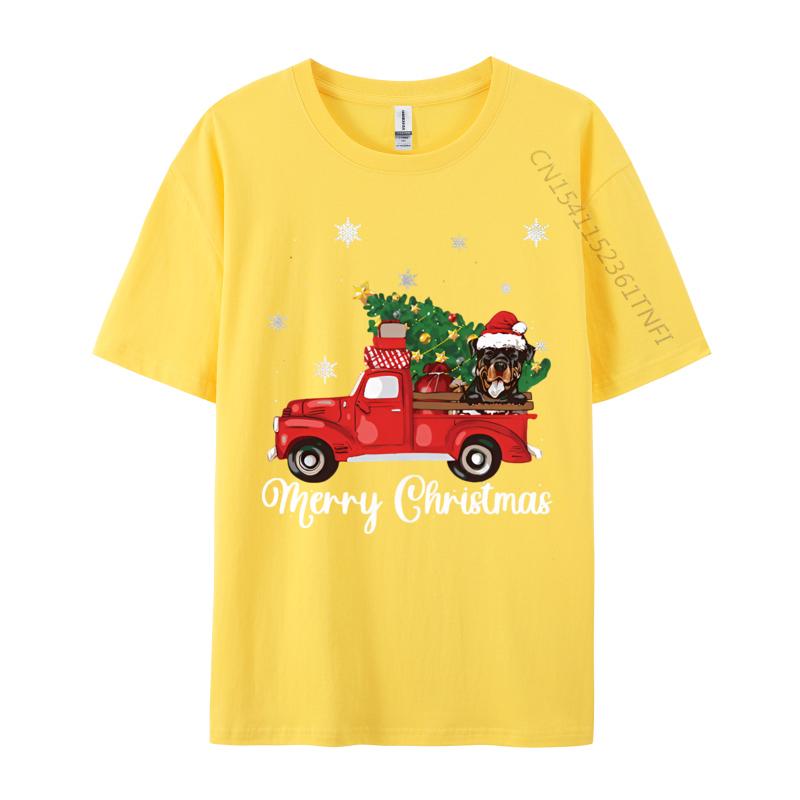 Rottweiler Dog Riding Red Truck Christmas Tshirt Novelty Tee Shirts Vintage Cotton Tops Tee Graphic T Shirts Men Cotton