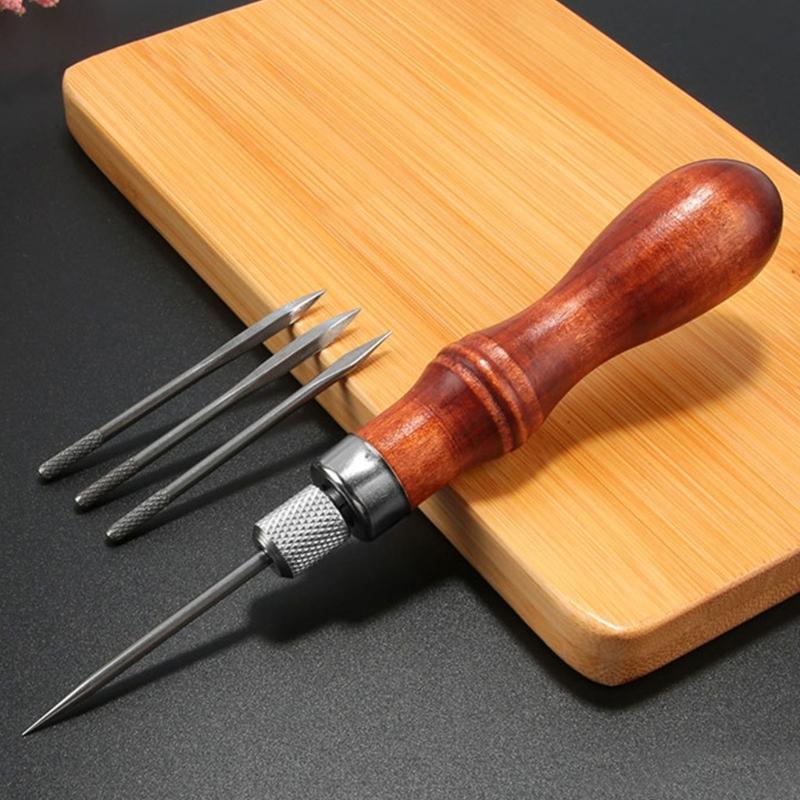 Hand Sewing Awl Set Pin Punching Wood Handle for Leatherworking Enthusiasts