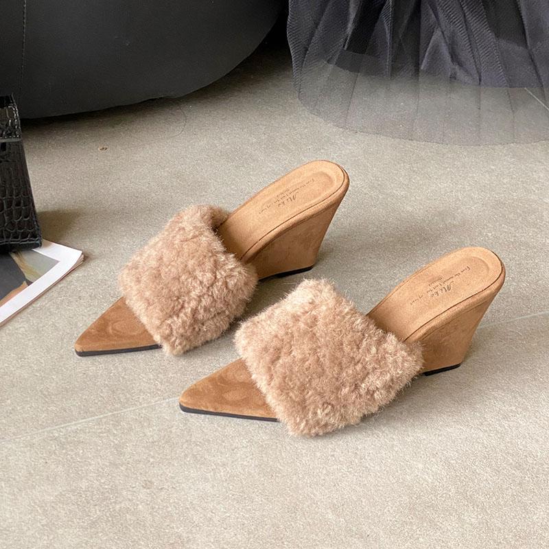 Fur Warm Women Pumps Wedges Shoes Female High Heels Footwear Pointed Toe Ladies Heeled Slides Sandals Wedges Shoes
