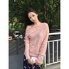 Gentle and Sweet Wind Pink Slanted Shoulder Long-sleeved Knitted Sweater for Women 1011 Early Autumn Korean Wear Lazy Wind Off-the-shoulder Top