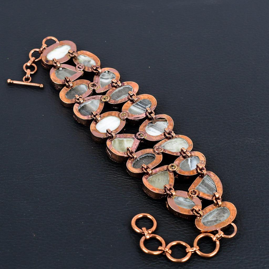 Yellow Lace Agate Bracelet Gemstone Jewelry, Copper Electroformed Adjustable Chain Bracelet, Gift For Women Handmade Bracelet