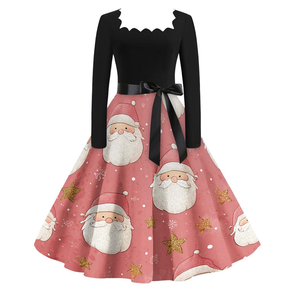 Women's Casual Fashion V Neck Christmas Printed Vintage Dress
