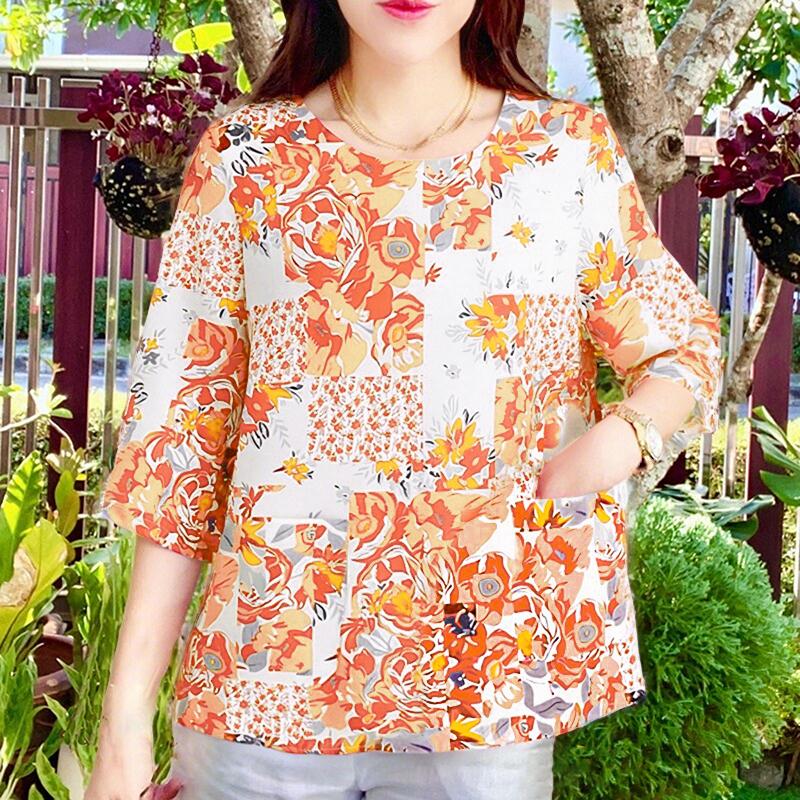 

ZANZEA Женская повседневная блузка с круглым вырезом, свободного кроя, с короткими рукавами, с цветочным принтом XL жёлтый