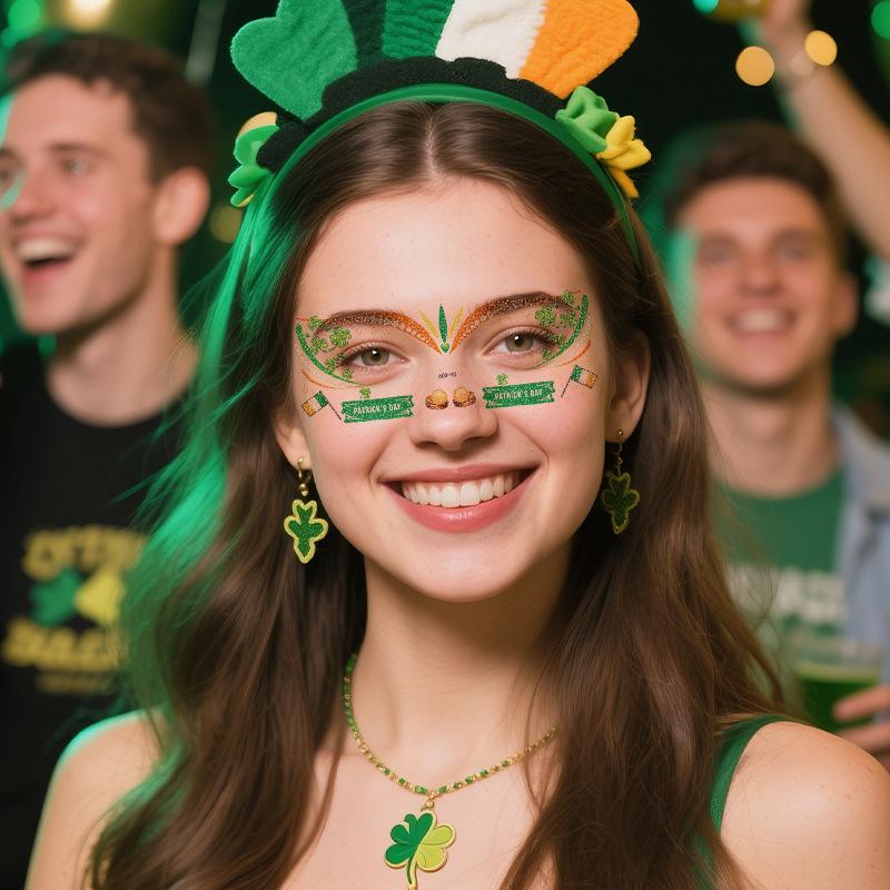 New St. Patrick's Day glitter makeup face stickers, Irish holiday party carnival tattoo stickers