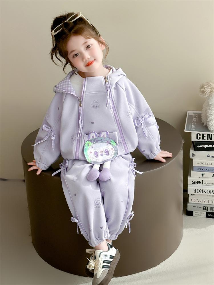 2025 Girls' Autumn Heart Bow Pullover & Zipper Jacket Pants Set