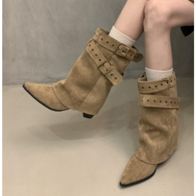 Fashion New Style Vintage Women's Thick Heel Women Western Cowgirl Boots Fashion Belt Buckle Ladies Elegant Slip On Mid Calf Booties