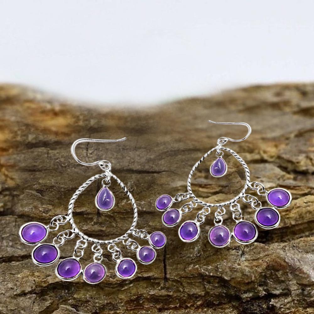 Solid 925 Sterling Silver Amethyst Gemstone Handmade Boho Designer Birthday Gift Dangler Earring Jewelry