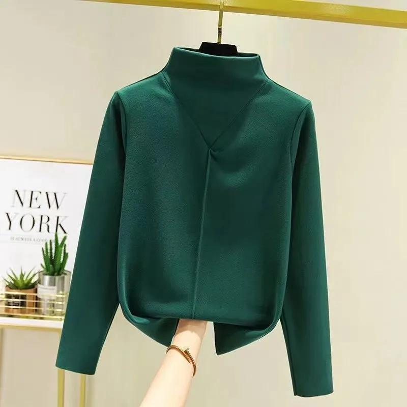Autumn Winter Women's Velvet Half-High Collar Slim Long-Sleeve Thick Heat Storage Top