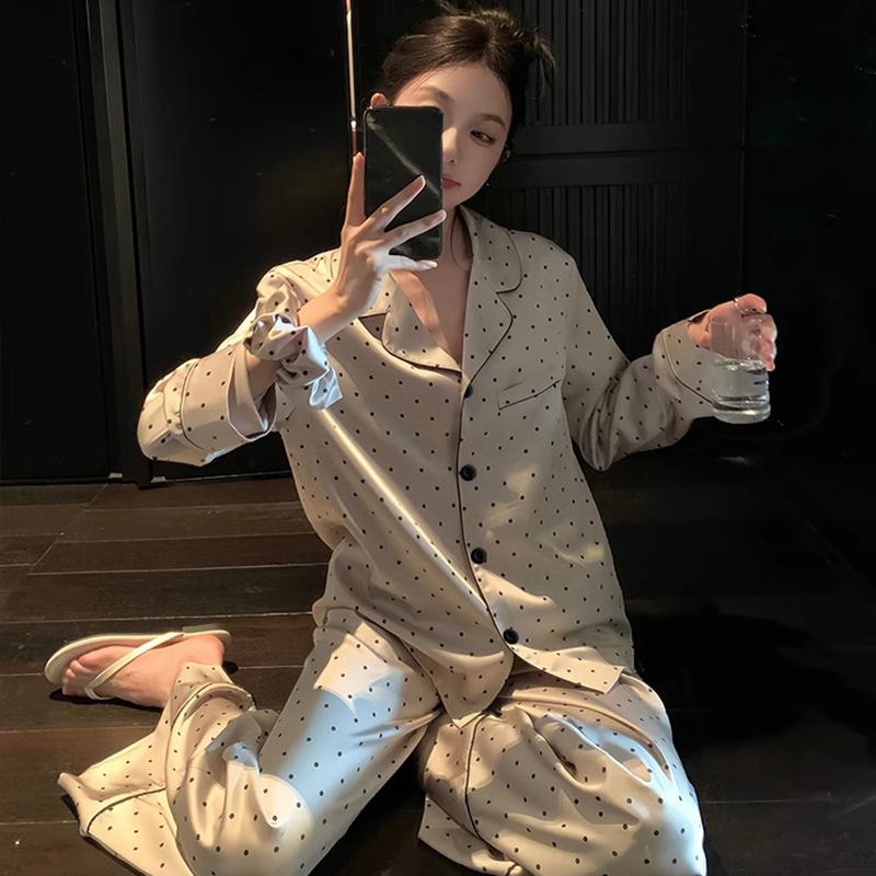 Spring Women Sleepwear Set Autumn Pajama Set Turn Down Collar Faux Silk Satin Long Sleeve Polka Dot Print Female Pijama HomeWear