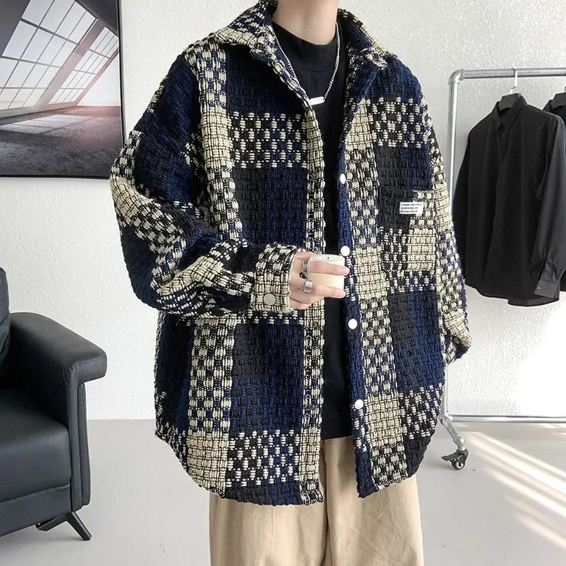 Fashion Loose Spell Color Grid Single Breasted Lapel Jacket Men's Spring Autumn Casual Jacket Pockets